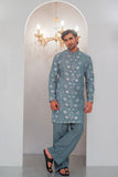Grayish Blue Embroidered Kurta With Bell Bottom Pajama For Men's