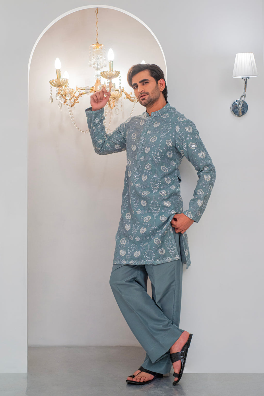 Grayish Blue Embroidered Kurta With Bell Bottom Pajama For Men's
