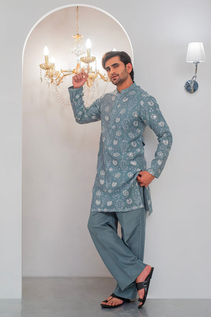 Grayish Blue Embroidered Kurta With Bell Bottom Pajama For Men's