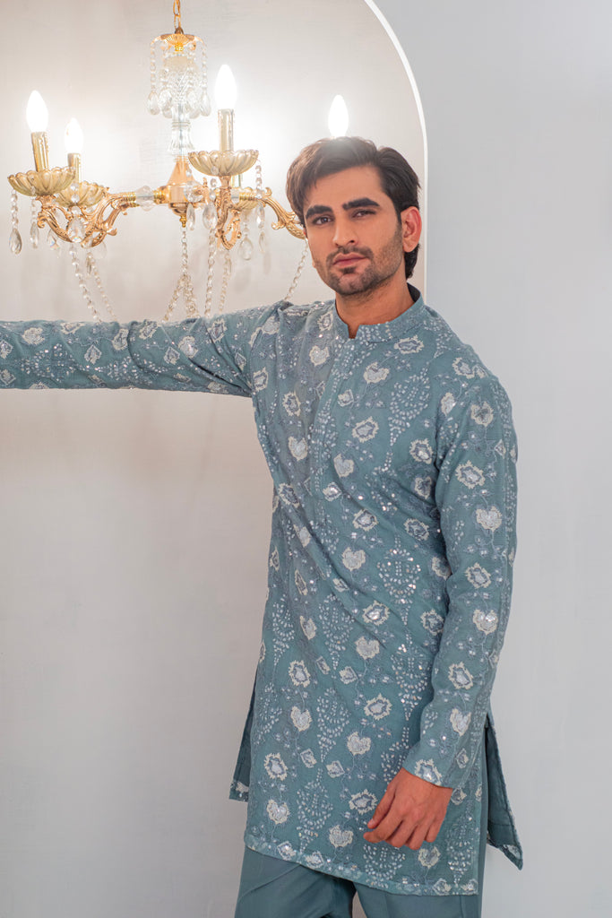 Grayish Blue Embroidered Kurta With Bell Bottom Pajama For Men's