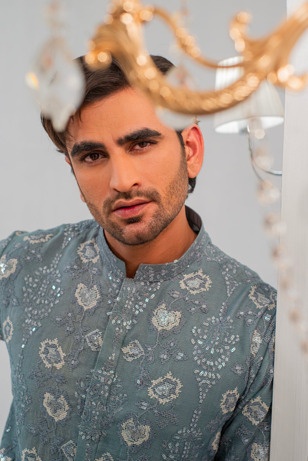 Grayish Blue Embroidered Kurta With Bell Bottom Pajama For Men's