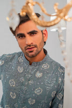 Grayish Blue Embroidered Kurta With Bell Bottom Pajama For Men's