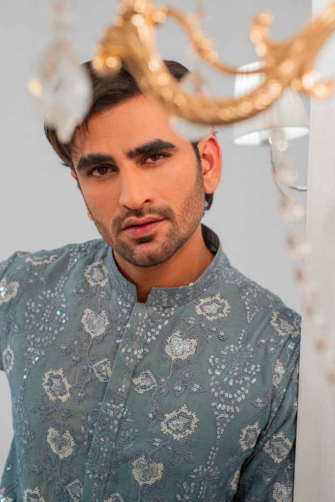 Grayish Blue Embroidered Kurta With Bell Bottom Pajama For Men's