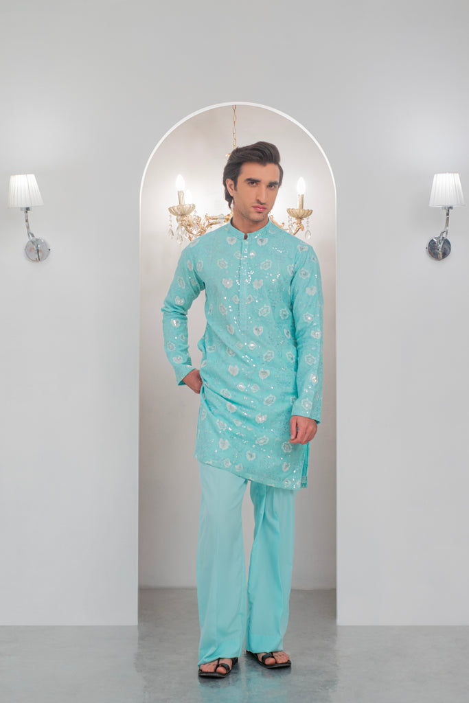 Powder Green Embroidered Kurta With Bell Bottom Pajama For Men's