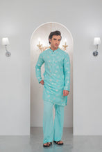 Load image into Gallery viewer, Powder Green Embroidered Kurta With Bell Bottom Pajama For Men's
