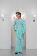 Powder Green Embroidered Kurta With Bell Bottom Pajama For Men's