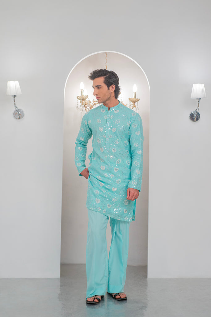 Powder Green Embroidered Kurta With Bell Bottom Pajama For Men's