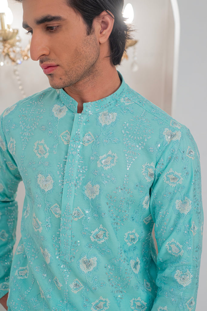 Powder Green Embroidered Kurta With Bell Bottom Pajama For Men's
