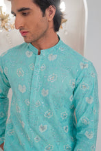 Load image into Gallery viewer, Powder Green Embroidered Kurta With Bell Bottom Pajama For Men's