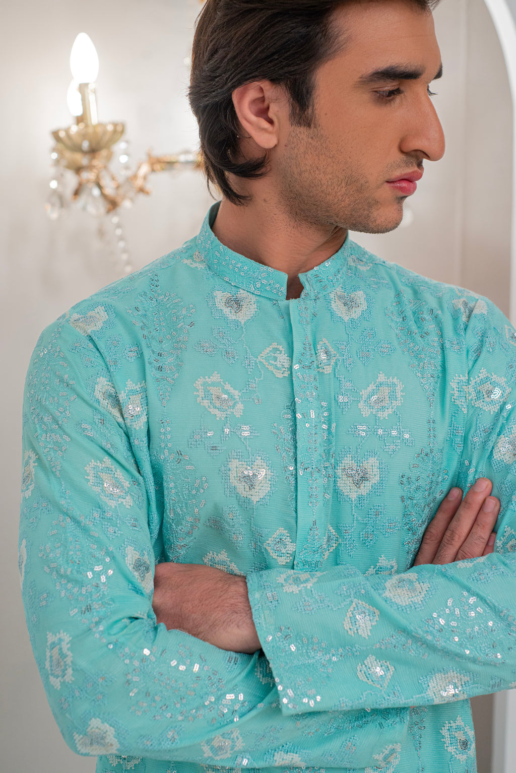 Powder Green Embroidered Kurta With Bell Bottom Pajama For Men's