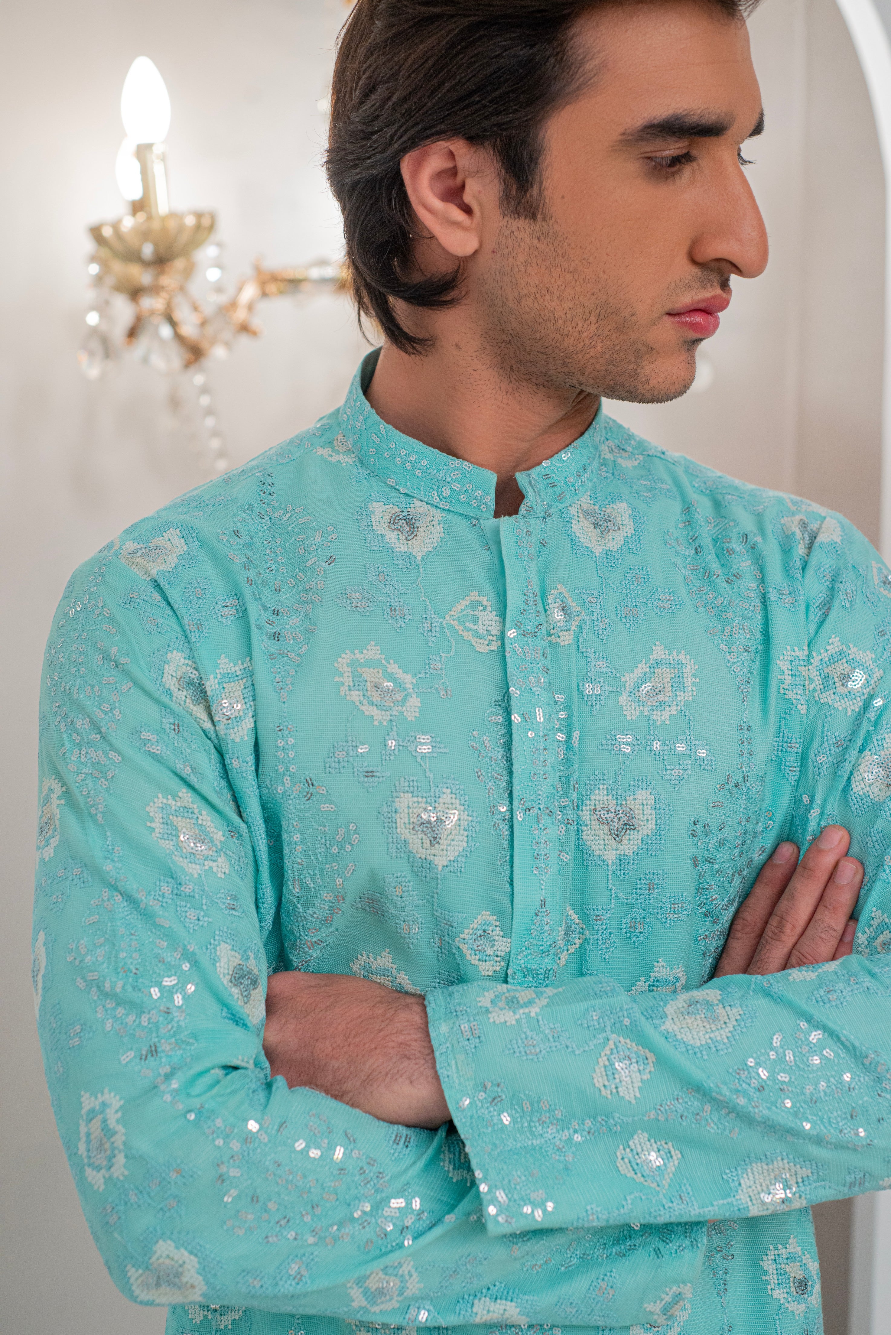 Powder Green Embroidered Kurta With Bell Bottom Pajama For Men's