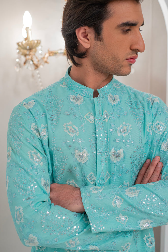 Powder Green Embroidered Kurta With Bell Bottom Pajama For Men's