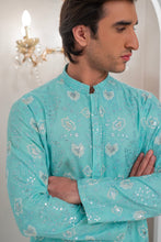 Load image into Gallery viewer, Powder Green Embroidered Kurta With Bell Bottom Pajama For Men's
