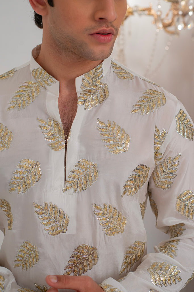 White Embroidered Kurta With Bell Bottom Pajama For Men's