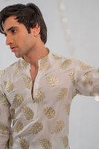White Embroidered Kurta With Bell Bottom Pajama For Men's