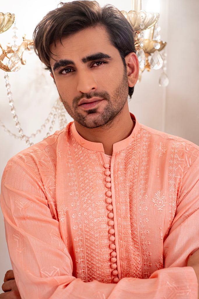 Powder Peach Embroidered Kurta With Bell Bottom Pajama For Men's