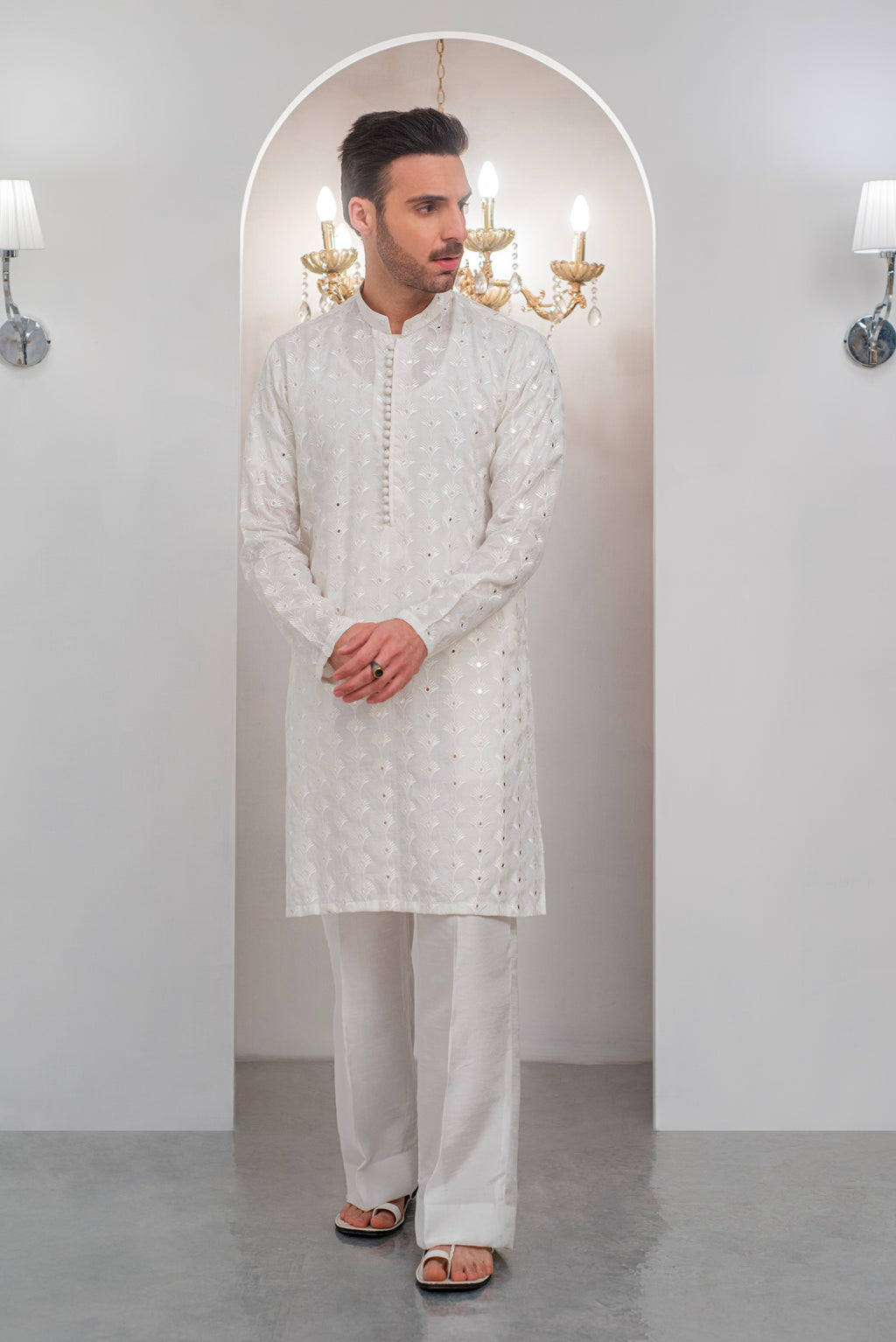 White Embroidered Kurta With Bell Bottom Pajama For Men's