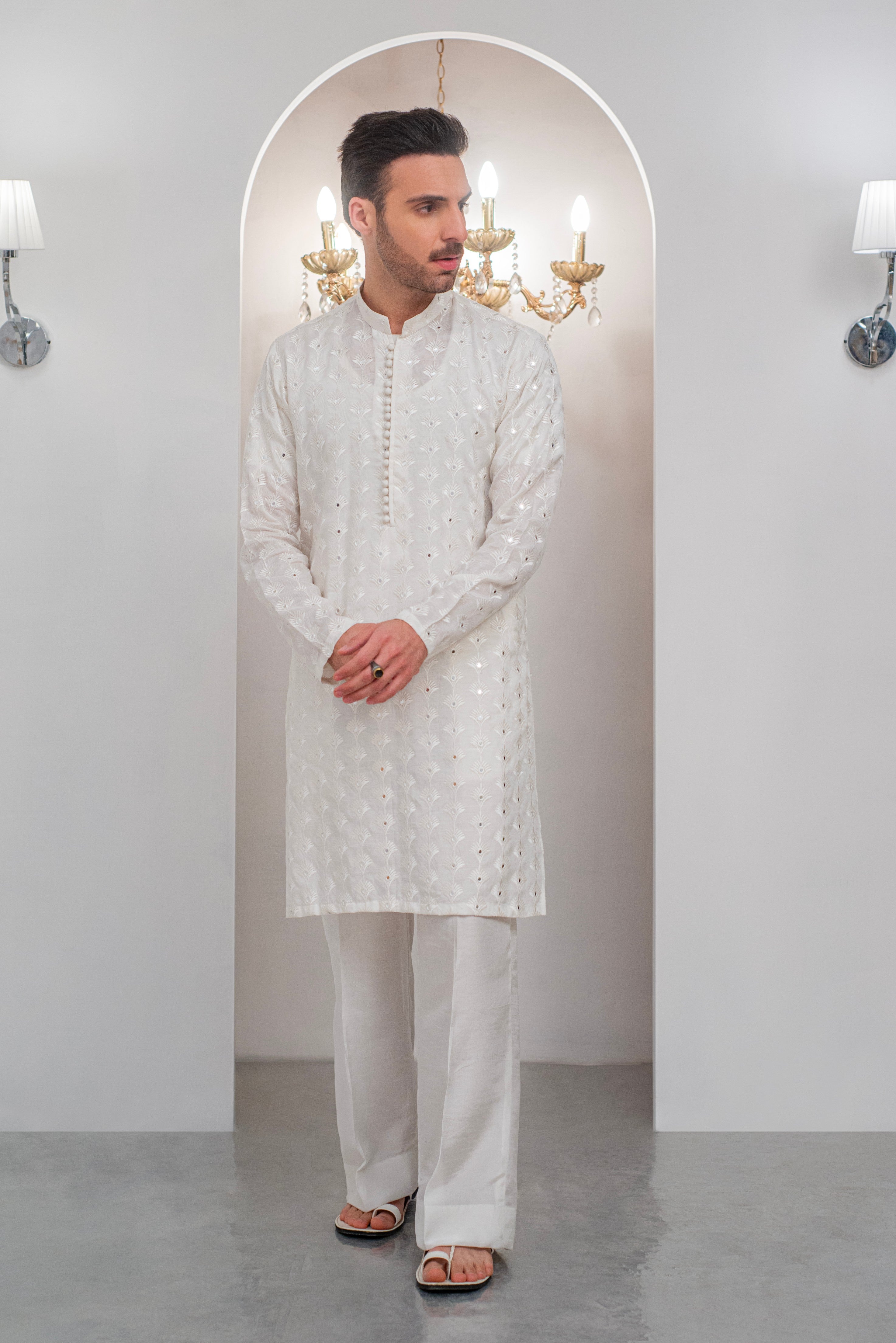White Embroidered Kurta With Bell Bottom Pajama For Men's
