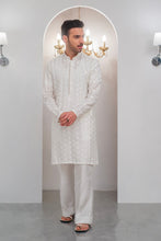 Load image into Gallery viewer, White Embroidered Kurta With Bell Bottom Pajama For Men's