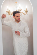 Load image into Gallery viewer, White Embroidered Kurta With Bell Bottom Pajama For Men's