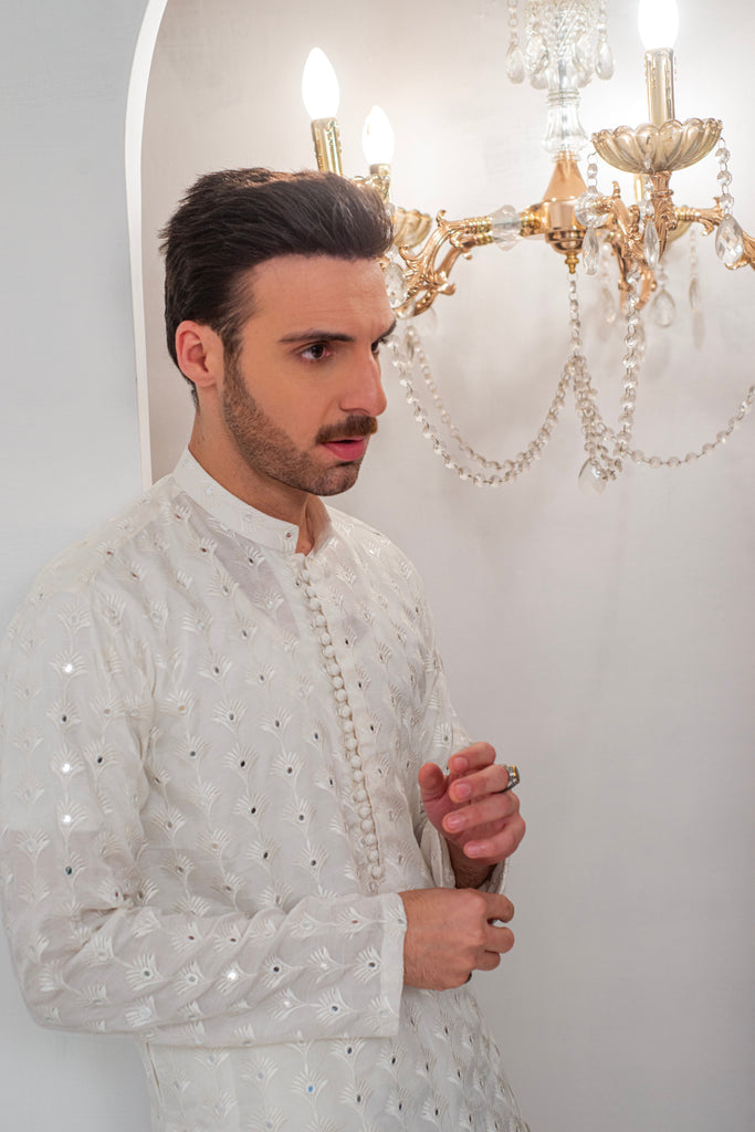 White Embroidered Kurta With Bell Bottom Pajama For Men's