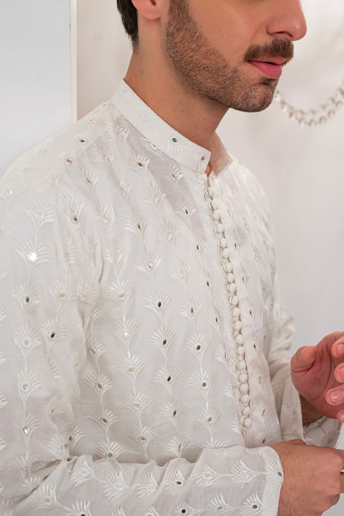White Embroidered Kurta With Bell Bottom Pajama For Men's