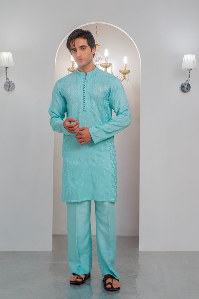 Powder Blue Embroidered Kurta With Bell Bottom Pajama For Men's
