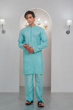 Load image into Gallery viewer, Powder Blue Embroidered Kurta With Bell Bottom Pajama For Men's