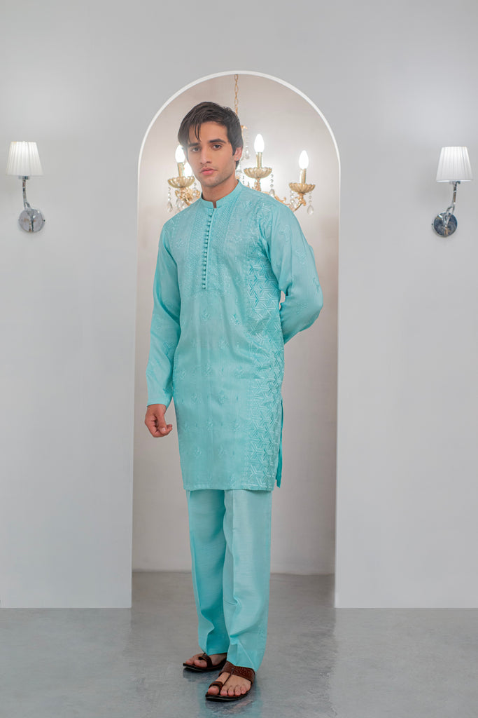 Powder Blue Embroidered Kurta With Bell Bottom Pajama For Men's