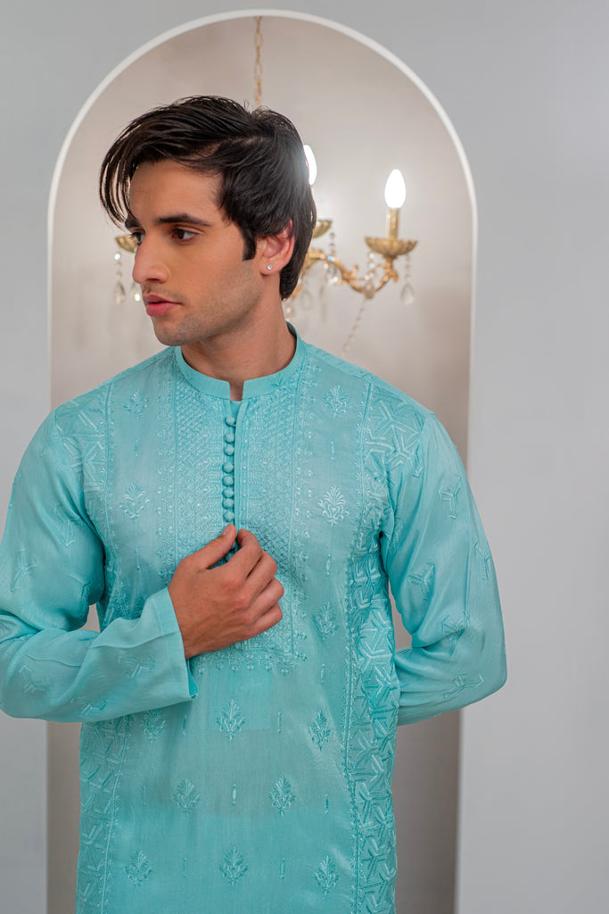 Powder Blue Embroidered Kurta With Bell Bottom Pajama For Men's