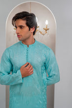 Load image into Gallery viewer, Powder Blue Embroidered Kurta With Bell Bottom Pajama For Men's