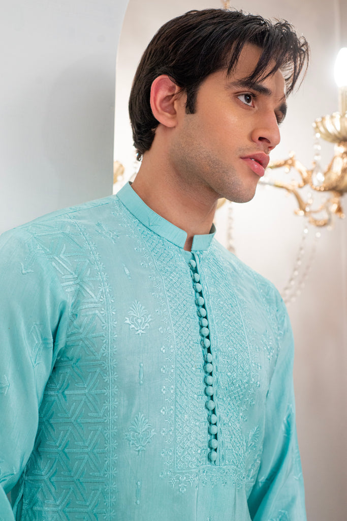 Powder Blue Embroidered Kurta With Bell Bottom Pajama For Men's
