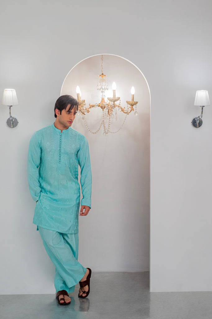 Powder Blue Embroidered Kurta With Bell Bottom Pajama For Men's
