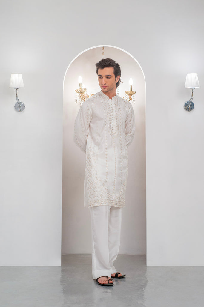 White Embroidered Kurta With Bell Bottom Pajama For Men's