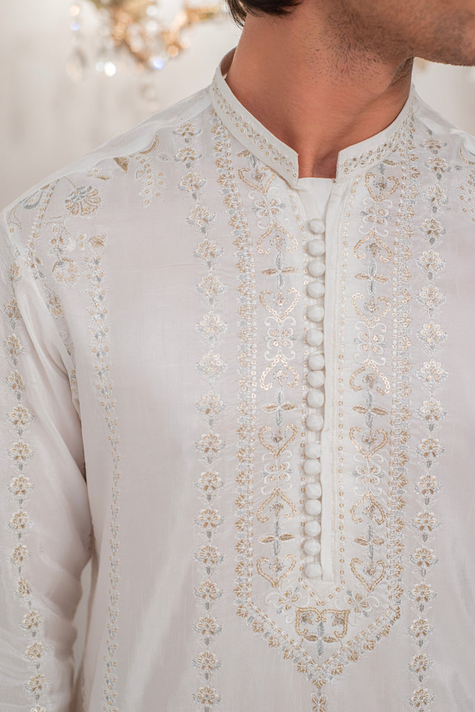 White Embroidered Kurta With Bell Bottom Pajama For Men's