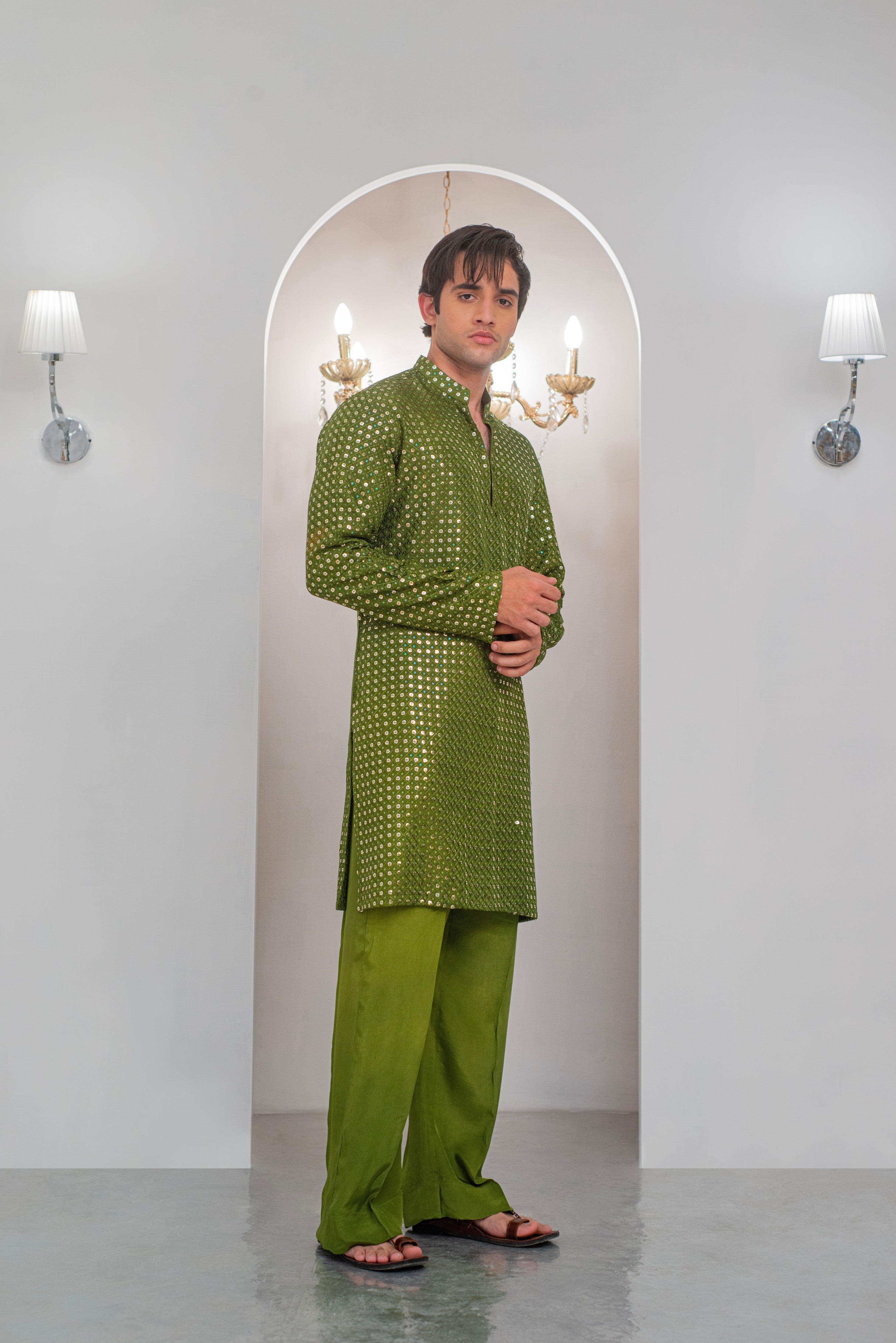 Green Embroidered Kurta With Bell Bottom Pajama For Men's