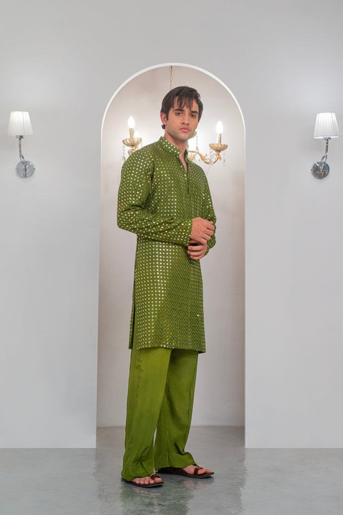 Green Embroidered Kurta With Bell Bottom Pajama For Men's