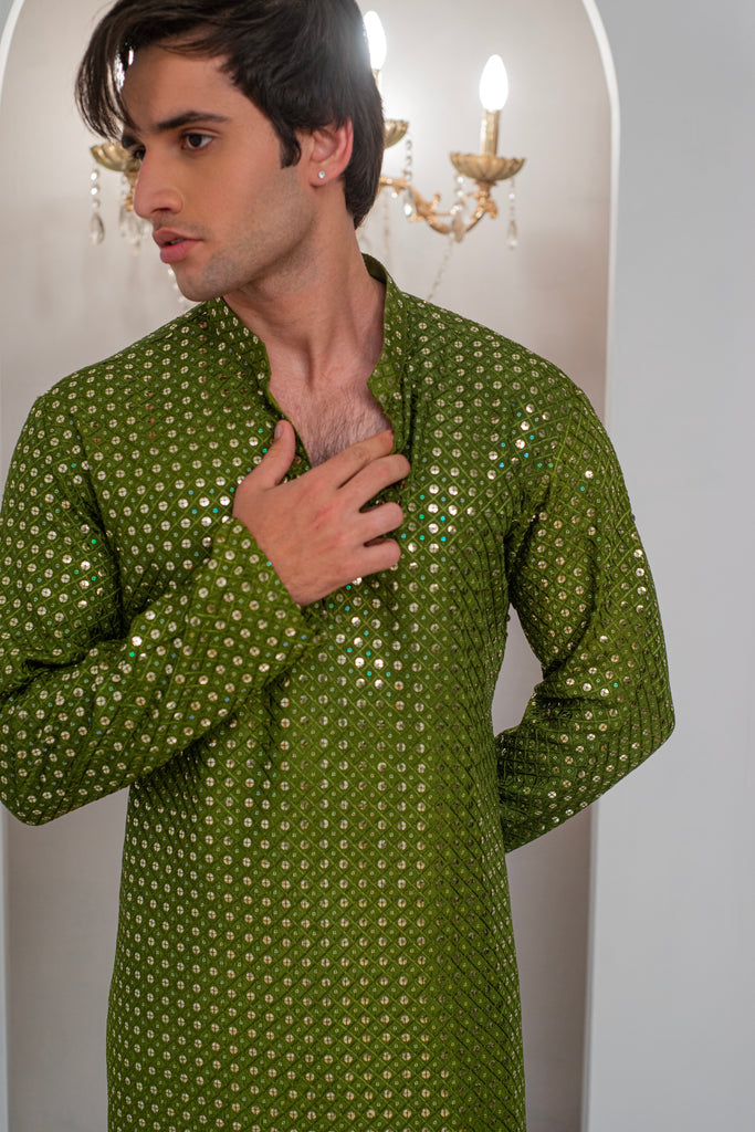 Green Embroidered Kurta With Bell Bottom Pajama For Men's