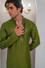Load image into Gallery viewer, Green Embroidered Kurta With Bell Bottom Pajama For Men's