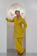 Yellow Mustard Embroidered Kurta With Bell Bottom Pajama For Men's