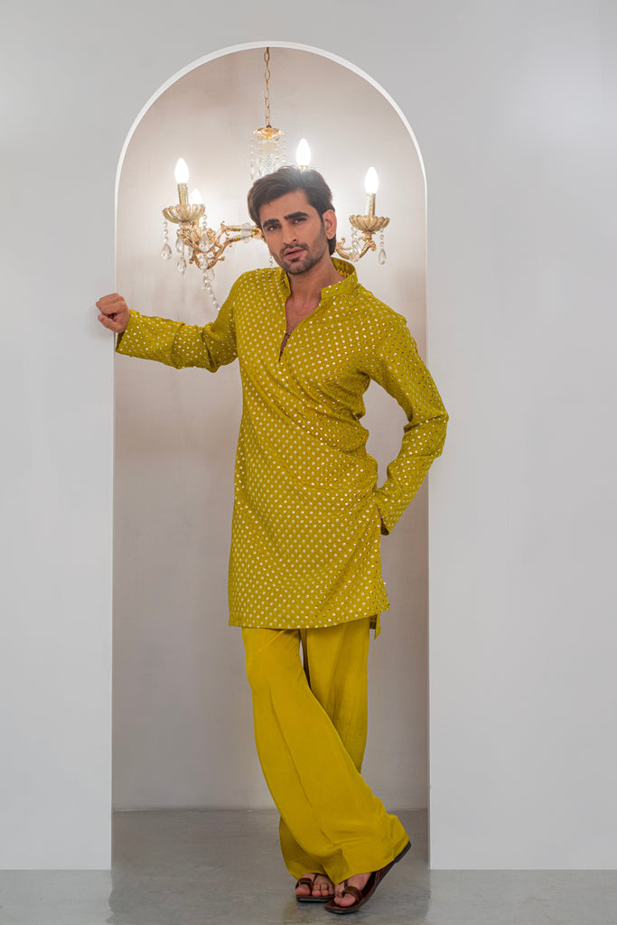 Yellow Mustard Embroidered Kurta With Bell Bottom Pajama For Men's