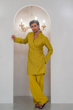 Load image into Gallery viewer, Yellow Mustard Embroidered Kurta With Bell Bottom Pajama For Men's