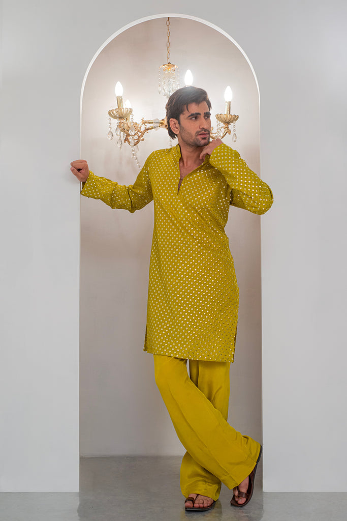 Yellow Mustard Embroidered Kurta With Bell Bottom Pajama For Men's