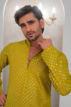 Load image into Gallery viewer, Yellow Mustard Embroidered Kurta With Bell Bottom Pajama For Men's