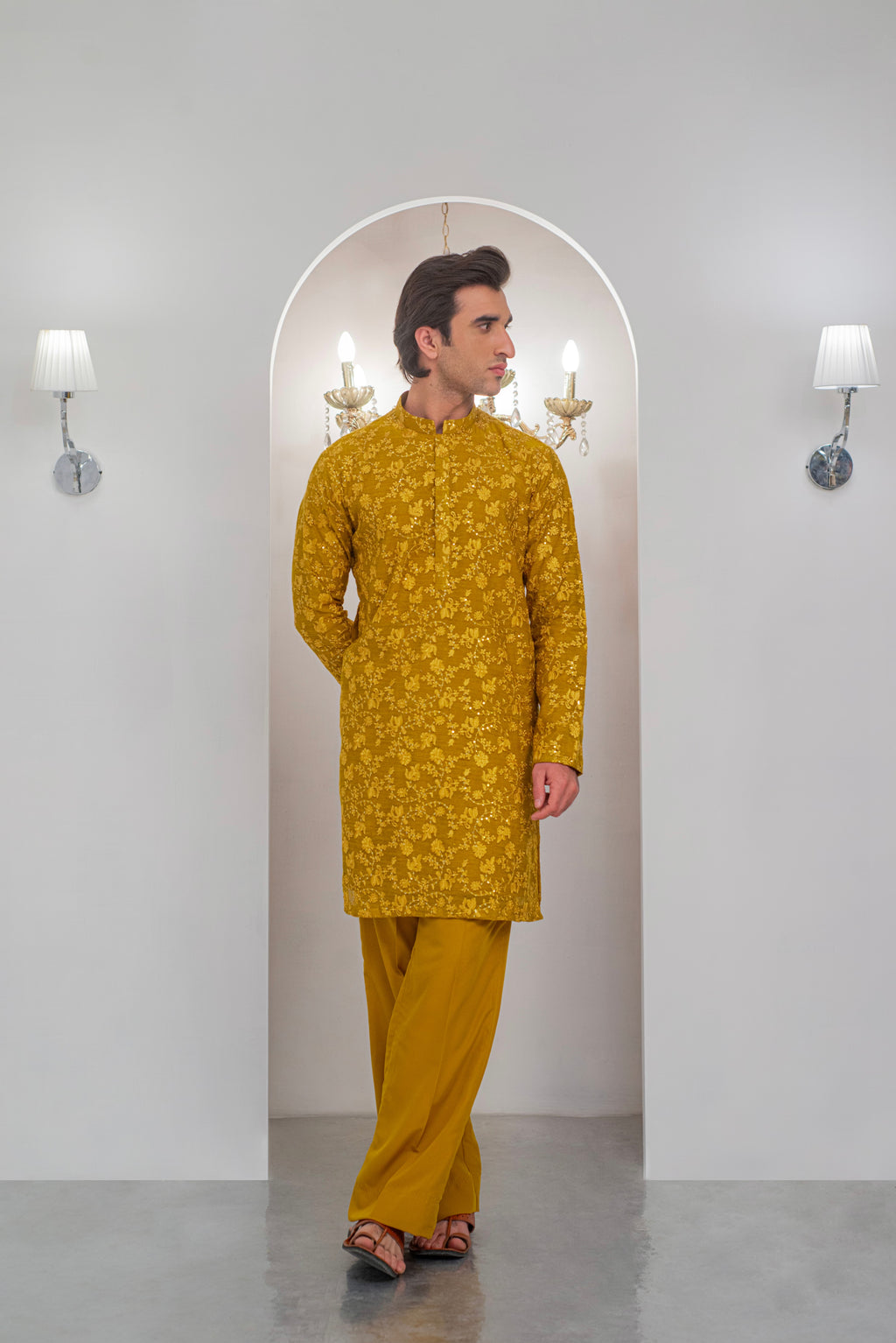 Yellow Embroidered Kurta With Bell Bottom Pajama For Men's