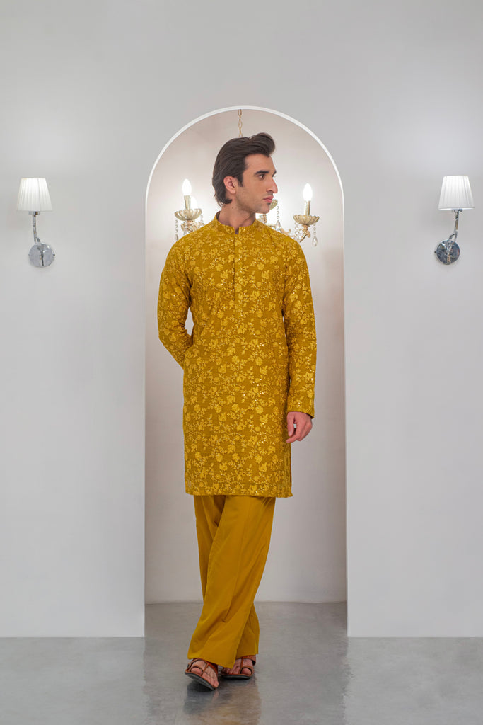 Yellow Embroidered Kurta With Bell Bottom Pajama For Men's