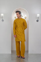 Yellow Embroidered Kurta With Bell Bottom Pajama For Men's