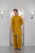 Load image into Gallery viewer, Yellow Embroidered Kurta With Bell Bottom Pajama For Men's