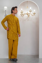 Load image into Gallery viewer, Yellow Embroidered Kurta With Bell Bottom Pajama For Men's