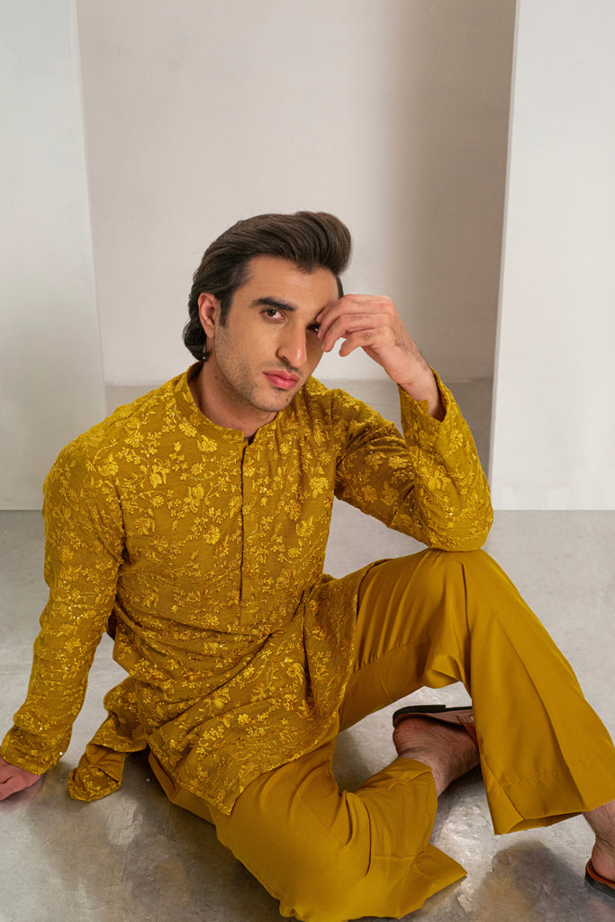 Yellow Embroidered Kurta With Bell Bottom Pajama For Men's
